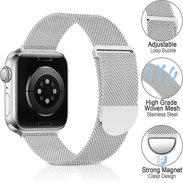 Metal Rustfrit Stålbånd Kompatibelt Med Apple Watch Remme 38mm 40mm 41mm, Sort Løkke Justerbar Rem Magnetisk Armbånd Til Iwatch Serie 7 6 5 4 Sliver 38 40 41 mm