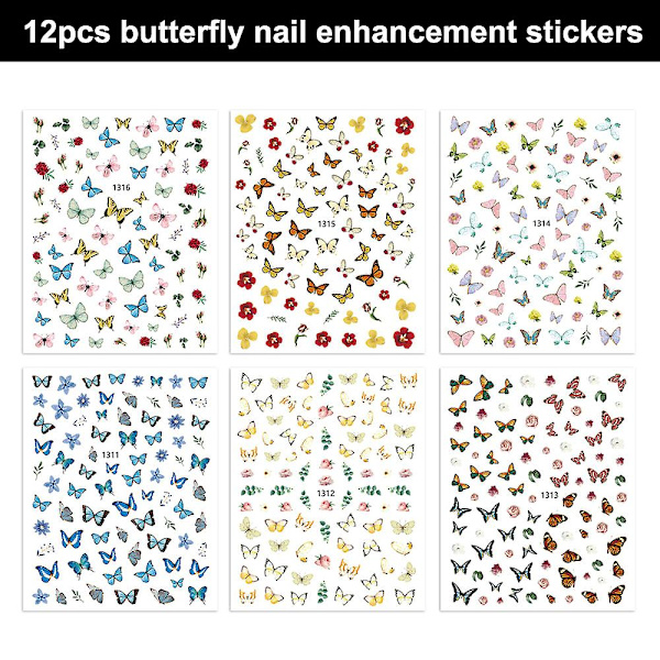 12 ark Butterfly Nail Art Stickers Dekaler Självhäftande Design Manikyr Tips Nagel Dekoration För Kvinnor Flickor