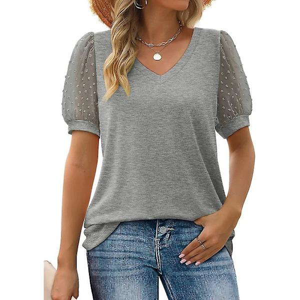 Dame Sommer Kortærmet V-Hals Casual Bluse Toppe Grey M
