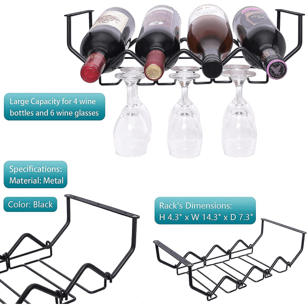 Vinglasställ under skåpet Stålvaruställ och vinflaskhållare Köksförvaring med 4 organizer och 6 glashållare (1 set, mattsvart)