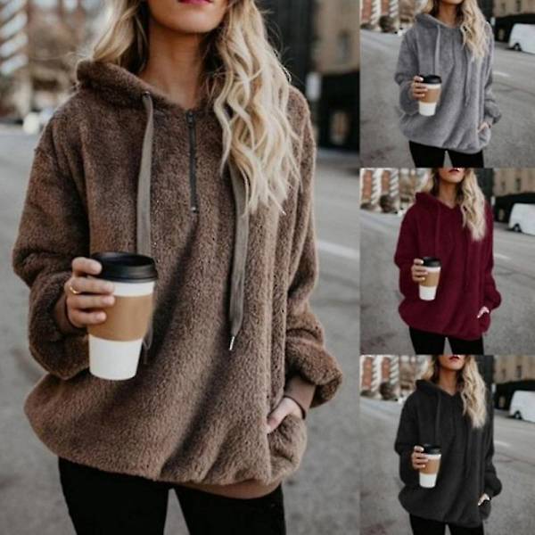 Blød Fuzzy Sweatshirt til Kvinder - Efterår & Vinter - Varmt Lynlås-Hoodie Trøje 4XL Block Color Gray