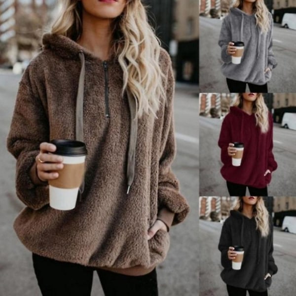Mjuk och fluffig sweatshirt för kvinnor, höst och vinter, varm dragkedja upp huvtröja pullover med XL Dark Grey