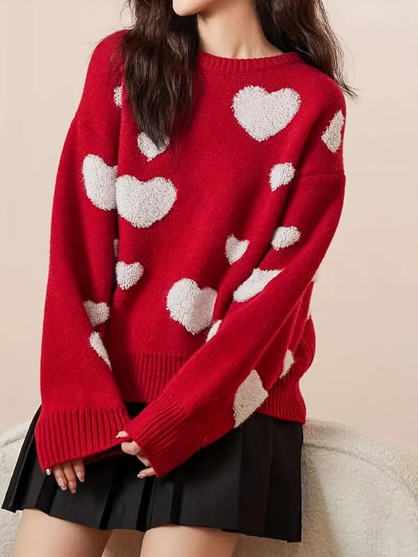 Sweater med hjertemønster, afslappet langærmet sweater til efterår og vinter, dametøj M
