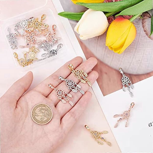 18 st Dreamcatcher Tanzanit Rhinestone Pärla Hänge Fjäder Vingar Berlock Tibetansk Filigran Hänge Hål: 4,5 mm