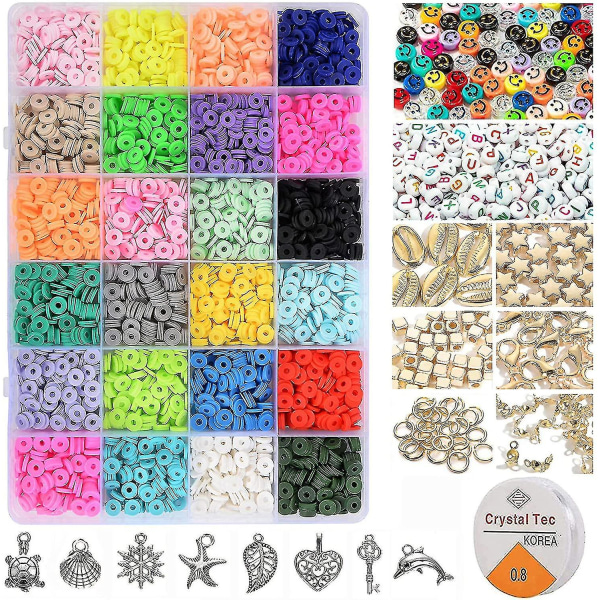 4000 st lerpärlor för smyckesarmband gör-det-själv-kit 6 mm 24 färger platt polymer