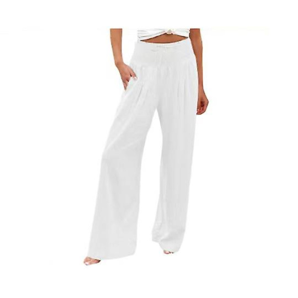 Dame Linned Boho Bred Ben Høj Talje Afslappede Bukser White M