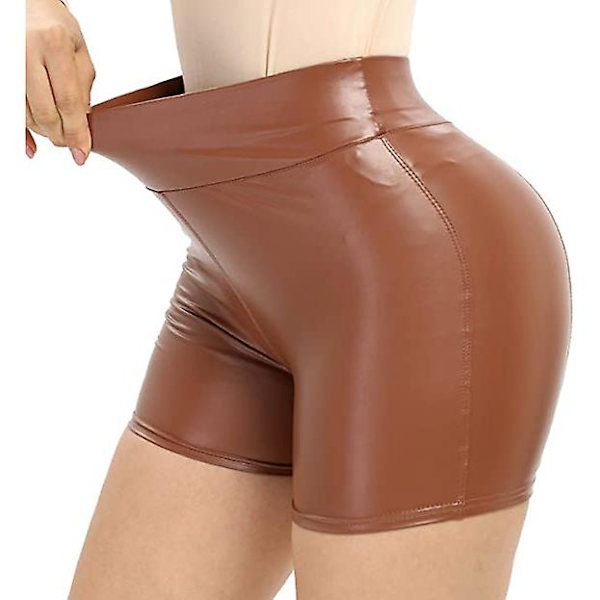 Kvinnors flexibla shorts i konstläder, hög midja, sexiga discoshorts Brown M