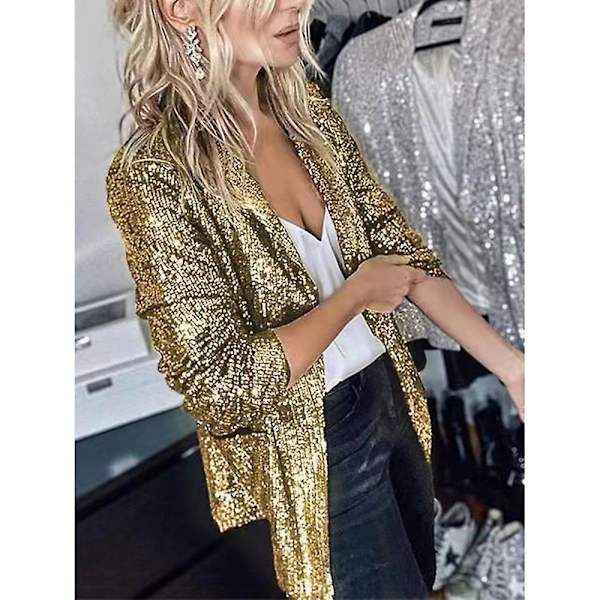 Kvinnors Sequinjacka, Glitter Sparkle Casual Långärmad Blazerrock Gold L