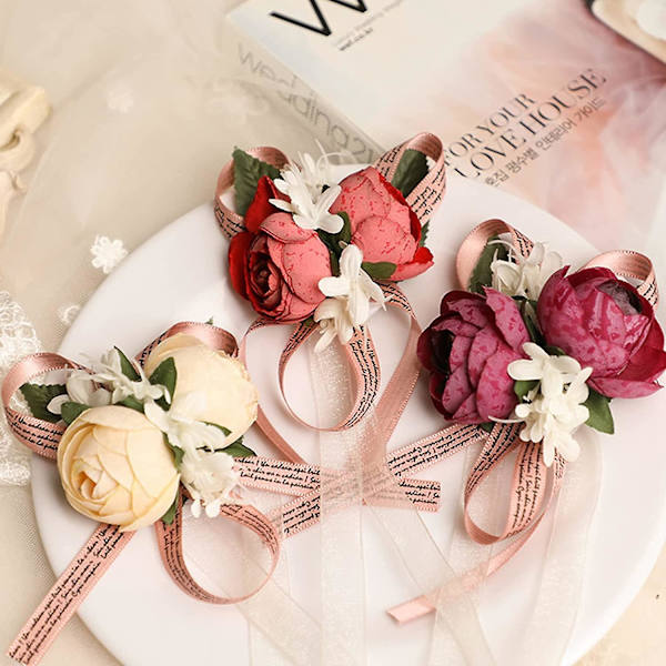 IFENG Sett med 6 Lilla Peon Blomst Bryllup Håndleddskorsasjer Håndlagde Håndleddsblomster Armbånd med Langt Bånd for Brud Brudepike Ballfest Dekor