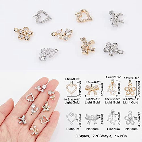 16 st 4 Stilar Kubisk Zirkonia Hängeberlocker 18K Guldförgylld Hjärta Rosett Blomma Körsbär Berlocker Kristall Rhinestone Mässing Hänge för Smyckestillverkning