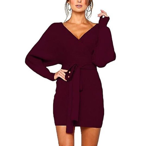 Naisten seksikäs avoselkäinen neulemekko, lepakkohiha pitkähihainen mekko burgundy XL