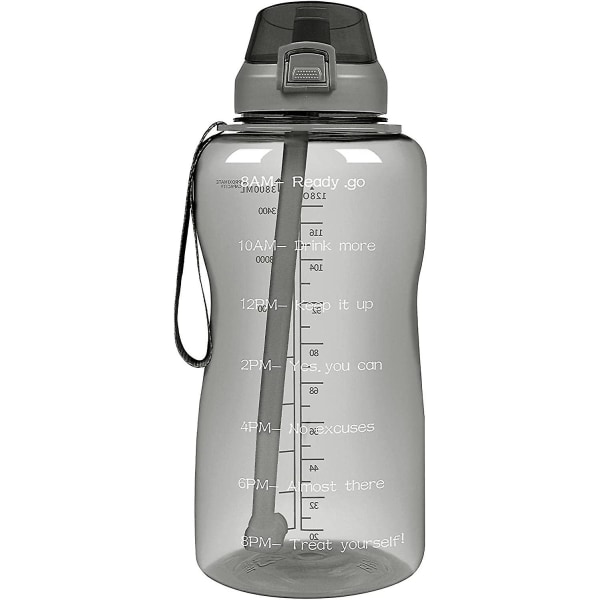 2-liters vattenflaska med sugrör och läckagesäkert flip-lock, 2000 ml vattenflaska Bpa-fri med tidsmarkör