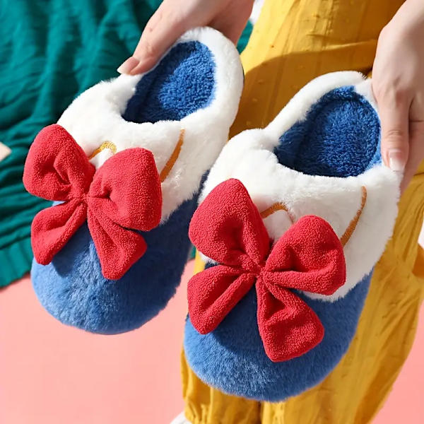 Kawaii Sløyfe Fuzzy Hjemmesko, Lukket Tå Myk Såle Plysj Flatsko, Vinter Varme Hjemmesko blue EU37 38