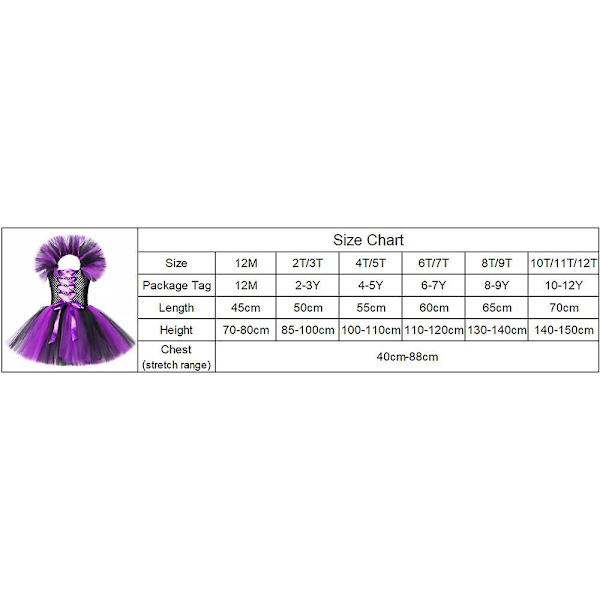 Tutu Heksekostyme for Jenter, Halloween Karneval Kostyme 3pcs 10 11 12T