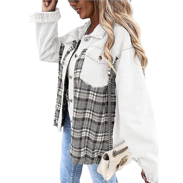 Dame Denimjakker med Knapper, Langærmede Afslappede Skjorter White XL