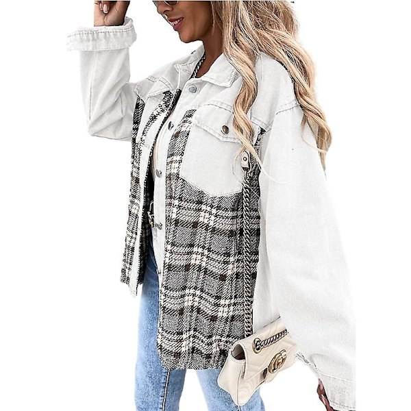 Naisten napilliset denimtakit, pitkähihaiset vapaa-ajan paidat White XL