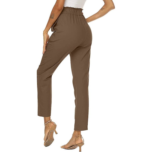 Kvinnor Volang Hög Midja Casual Byxor Elastisk Midja Byxor Brown M