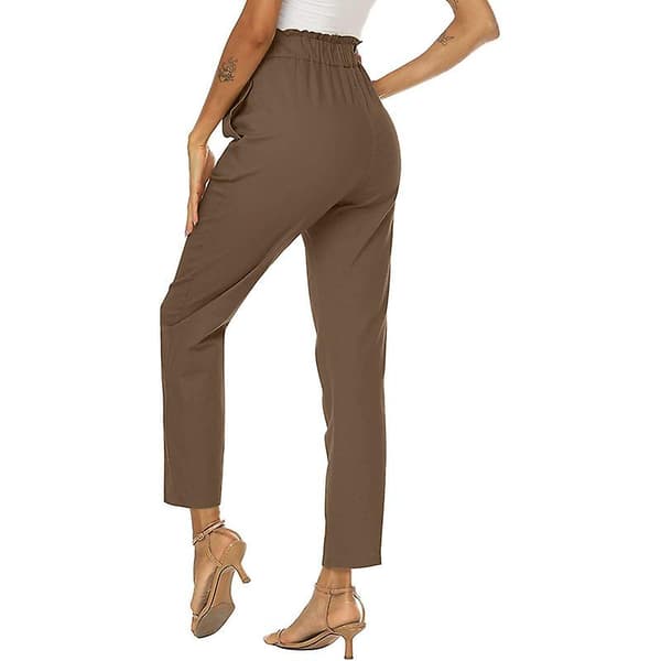 Kvinnor Volang Hög Midja Casual Byxor Elastisk Midja Byxor Brown S