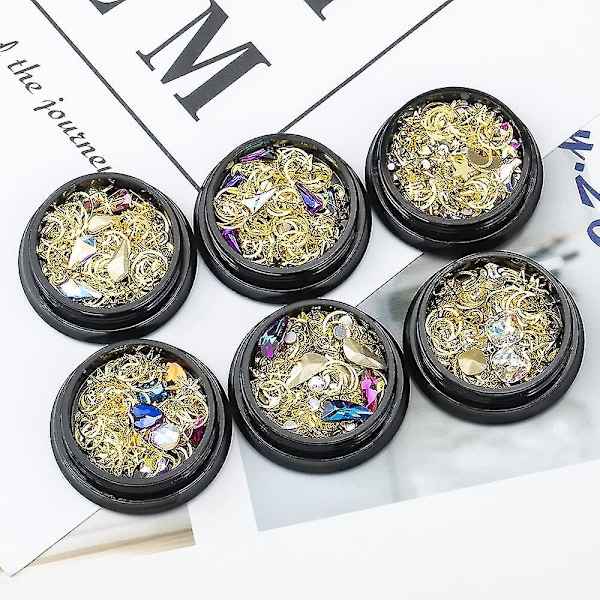 6 lådor metall nagelkonst nitar 3d nagelkonst Ab strass blandade naglar kristall nagelkonst pärlor smycken stjärna måne design nagelkonst dekoration tillbehör Sup