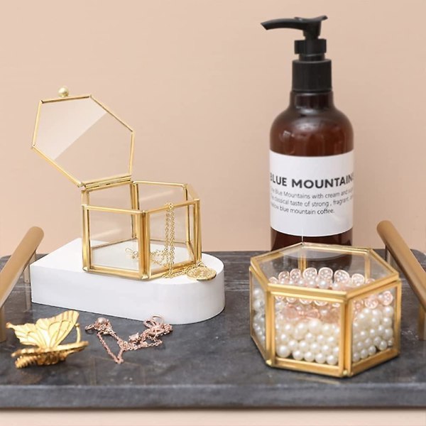 Liten glas smyckeskrin gyllene geometrisk dekorativ låda ring örhänge display hexagon minnessak låda för bröllop födelsedagspresent