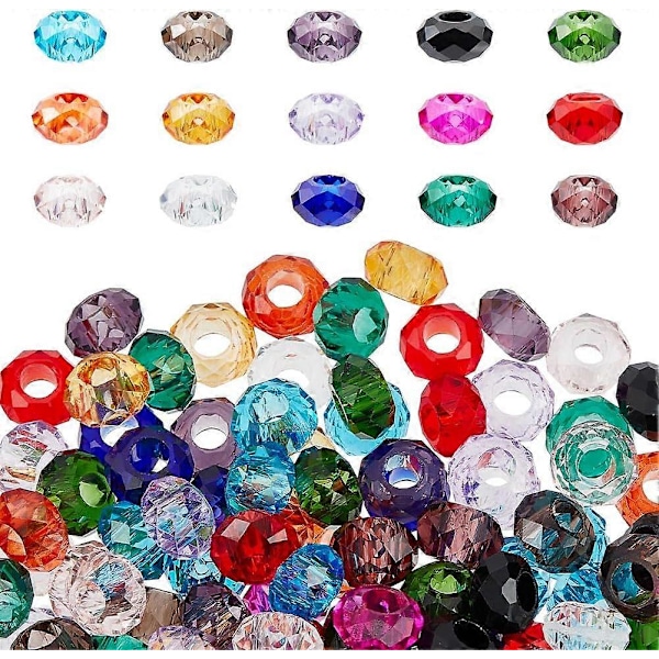 150 st 15 Färger Facetterade Stora Hål Europeiska Pärlor 14mm Kristallglaspärlor Rondelle Glasavståndspärlor Glidpärlor för Ormkedjor Armband Halsband