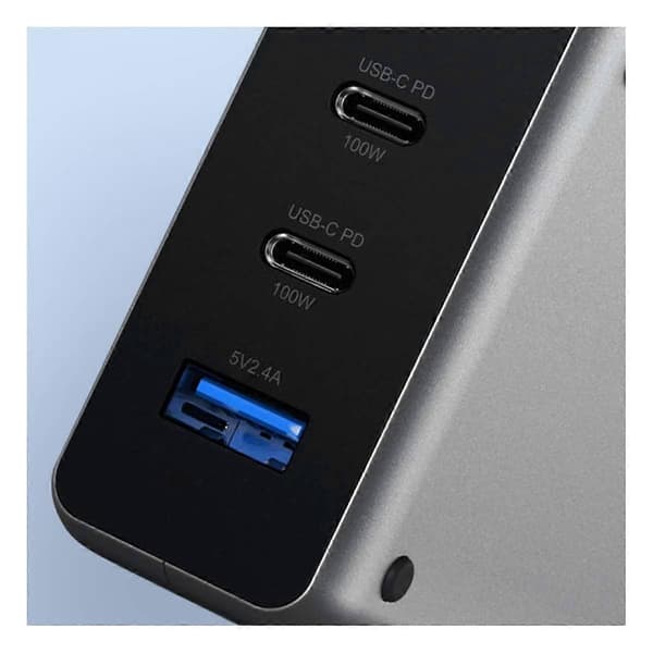 100 W PD-laturi, jossa 2 USB-C- ja USB-A-kompaktiliitäntää, harmaa