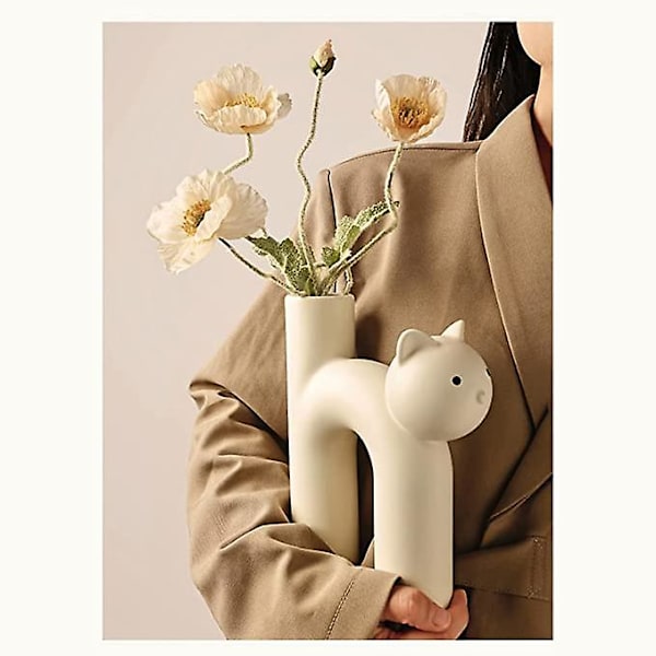 Keramiske vaser til boligindretning, 21 cm sød rørformet kat dekorativ vase, blomstervase sød vase, vase til kunsthåndværk, tørret blomsterrumsindretning, gul