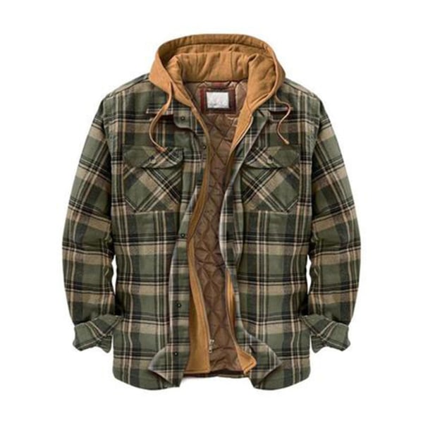 Herre Varm Vattert Foret Bomullsjakke Med Hette Knapper Glidelås Lange Ermer Rutete 3XL Color 12