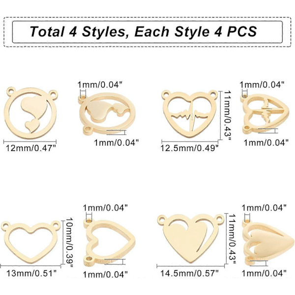 16 stk. Gyldne Hjerte Link Connector Charms 304 Rustfrit Stål Dobbelt Hul Charms Flad Rund med Hjerte Smykker Connector Charms Smykker Connectorer Find