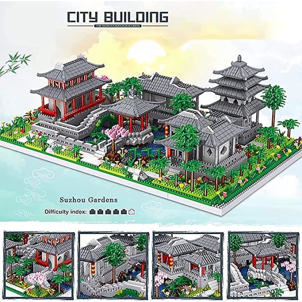 Kina De klassiske hagene i Suzhou Samling Berømt arkitektur Modell Byggekloss Sett (3930 stk) Mikro Mini Klosser Leker Gaver