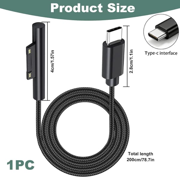 2m USB-C ladekabel, USB-C ladekabel for Surface Pro 3/4/5/6/7, kompatibel med Laptop/Book 1/2 GB 3