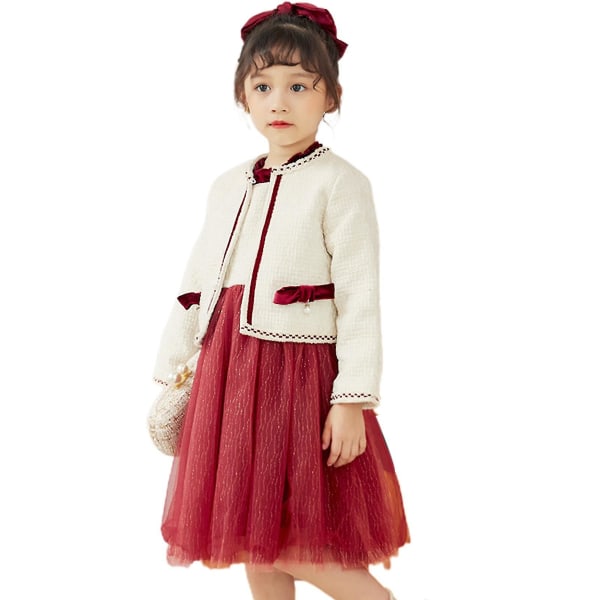 Kid Girl's Dress Suit 2-delad Elegant High Waist Gaze Dress Långärmad Kappa För 110 Wine Red