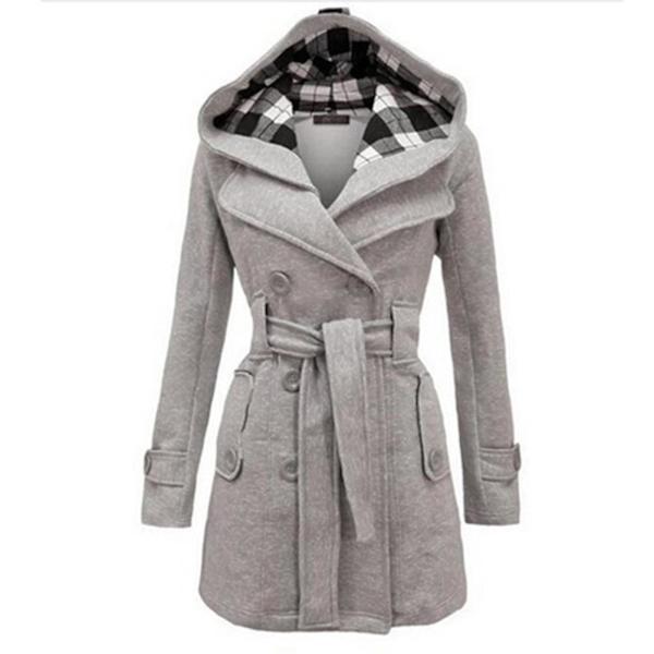Dame Hoodie Frakke Dobbeltradet Vinter Filt Lang Jakke Med Taljebælte L Light Grey