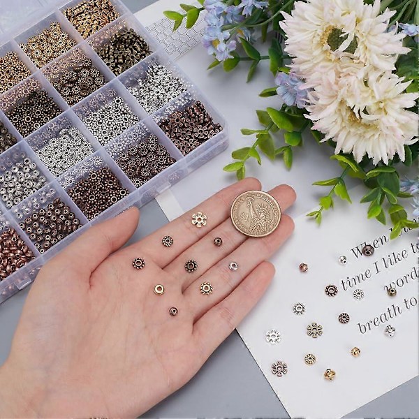 1200 st Antik Distanspärlor 4 Färger Tibetansk Blomma Kvadrat Rondelle Pärlor Legering Distanspärlor Plat Runda Lösa Pärlor för Armband Halsband Örhänge