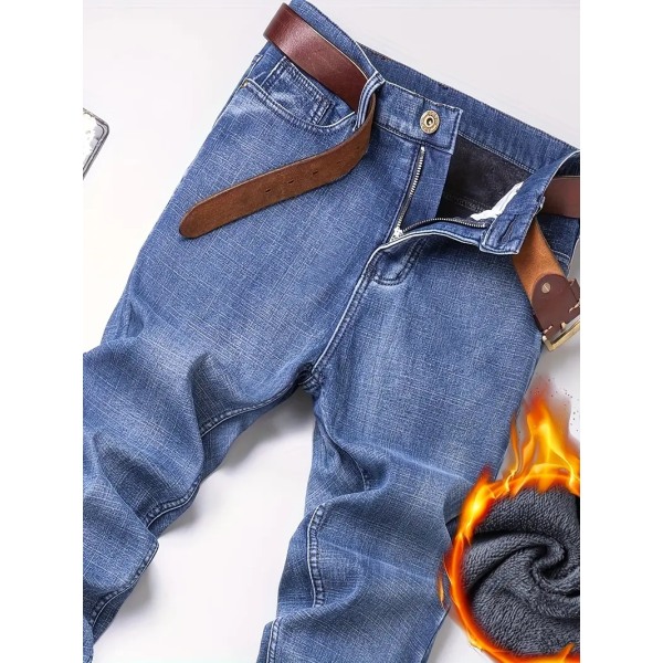 Varma fleecejeans för män för företag, casual jeansbyxor i streetstyle med fickor för höst och vinter blue Asia 28