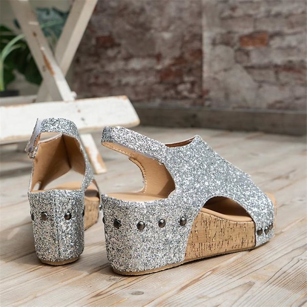 Sandaler Damer Tyk Sål Retro Sandaler Damer Sequin Nitter Velcro Sandaler Silver EU 38