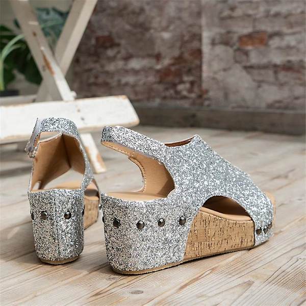 Sandaler Damer Tyk Sål Retro Sandaler Damer Sequin Nitter Velcro Sandaler Silver EU 40