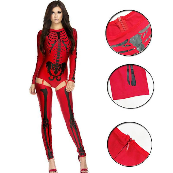 Halloween Dame Skelet Bodysuit, 3d Cosplay Skelet Kostume Jumpsuit Red