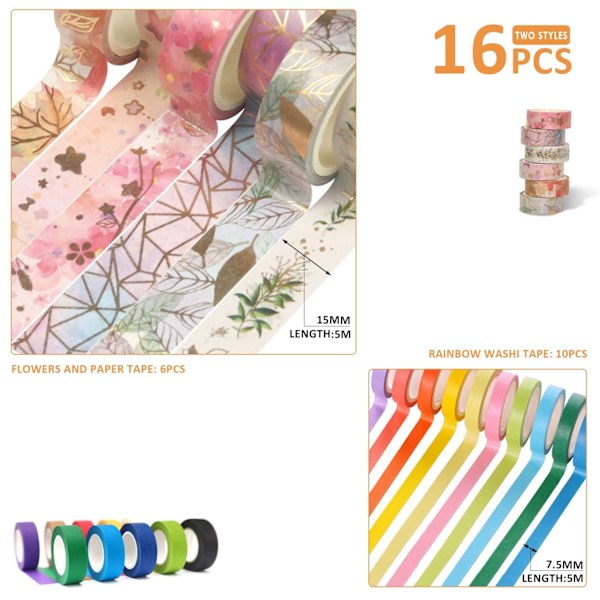 16 Rullar Washi Tejp Set, Blommor och Regnbåge Dekorativ Maskeringstejp för DIY, Bullet Journal, Presentinslagning