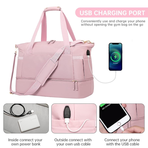 Naisten treenikassi, urheilu- ja matkakassi USB-latausportilla, viikonloppukassi märällä taskulla ja kenkälokerolla Pink