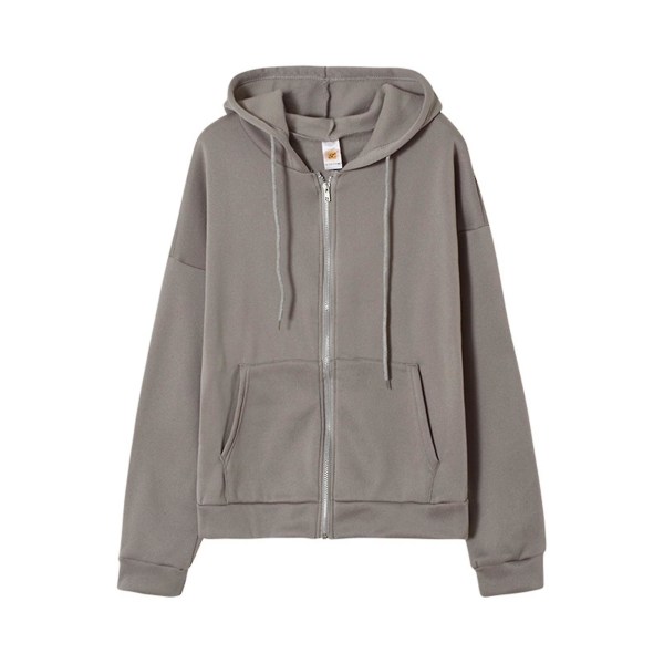 Front Zipper Hoodies Tröja Med Fickor Solid Färg Höst Casual Lös Ytterkläder L Gray