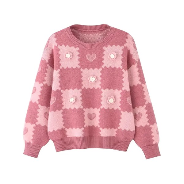Alla hjärtans dag Flower Patchwork-tröja, Casual långärmad tröja, Casual Toppar för höst och vinter, damkläder Pink