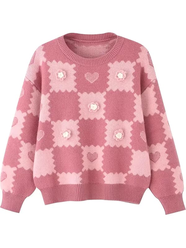 Blomstret patchwork-sweater til Valentinsdag, afslappet langærmet sweater, afslappede toppe til efterår og vinter, dametøj Pink