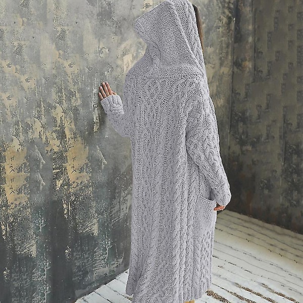 Afslappet Strikket Langt Overtøj Med Hætte Og Sidelomme Dame Efterår Vinter Frakke 3XL Gray