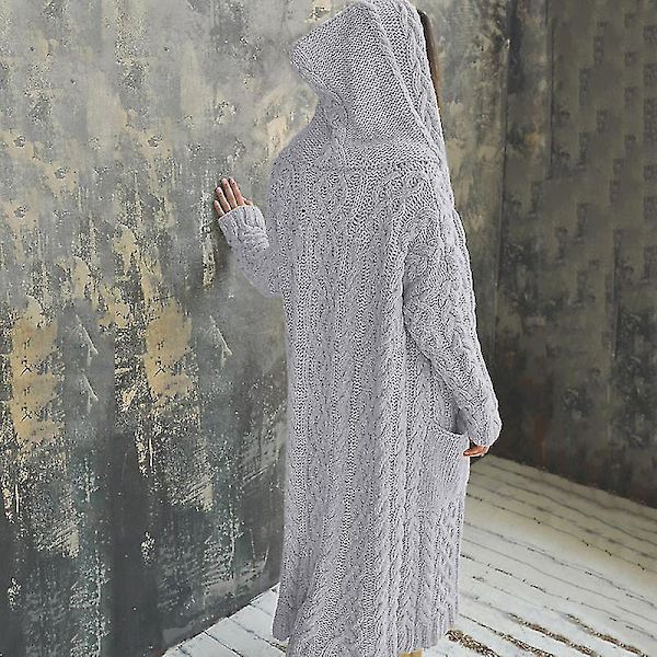 Avslappnad stickad lång ytterkläder med huva och sidoficka Dam höst vinter kappa 5XL Gray