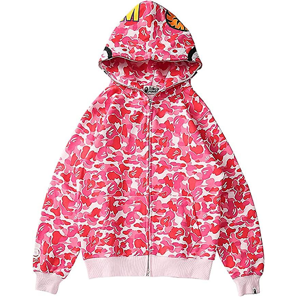 Shark Ape Bape Hoodie Camo Print Polyestertröja Casual Loose Zip Hoodie Jacka För Herr Dam Pink M