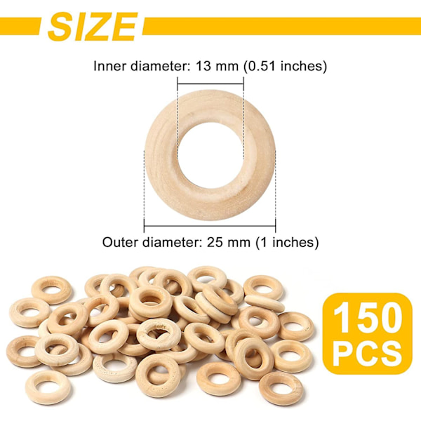 150 kpl 25 mm / 1 tuuman puinen askartelurengas, luonnollinen viimeistelemätön mini puurengas, ympyräpuuriipusliittimet DIY-projekteihin, koruihin ja askarteluun