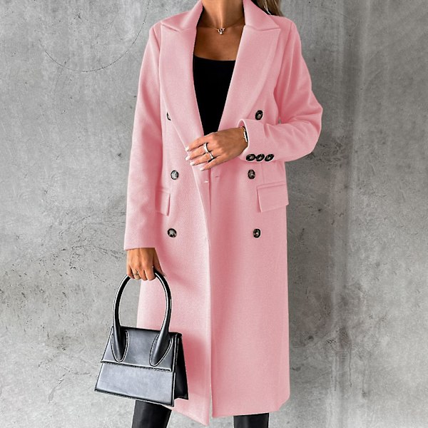 Varm vinterkappa för kvinnor med dubbelknäppning och fickdesign för kvinnors vinterkläder L Pink