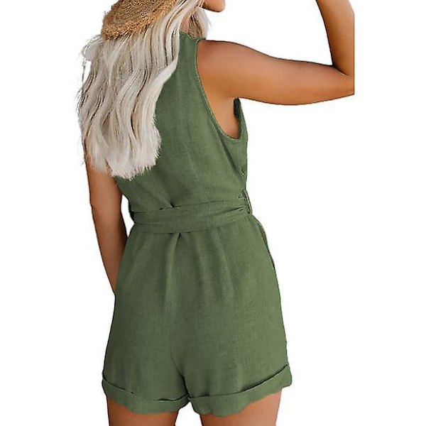 Dame V-hals Afslappet Kortærmet Linned Shorts Rompers Jumpsuits Green M