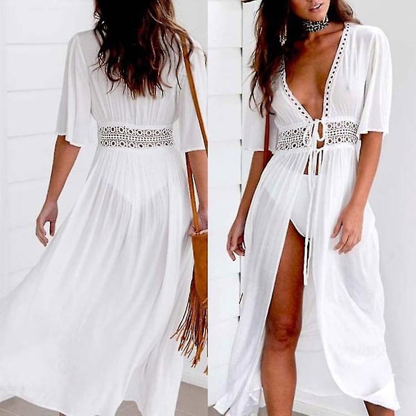 Bikini spetsöverdrag Sömnad Spetsad Lång Sjal Cardigan Mid-length Chiffon M White
